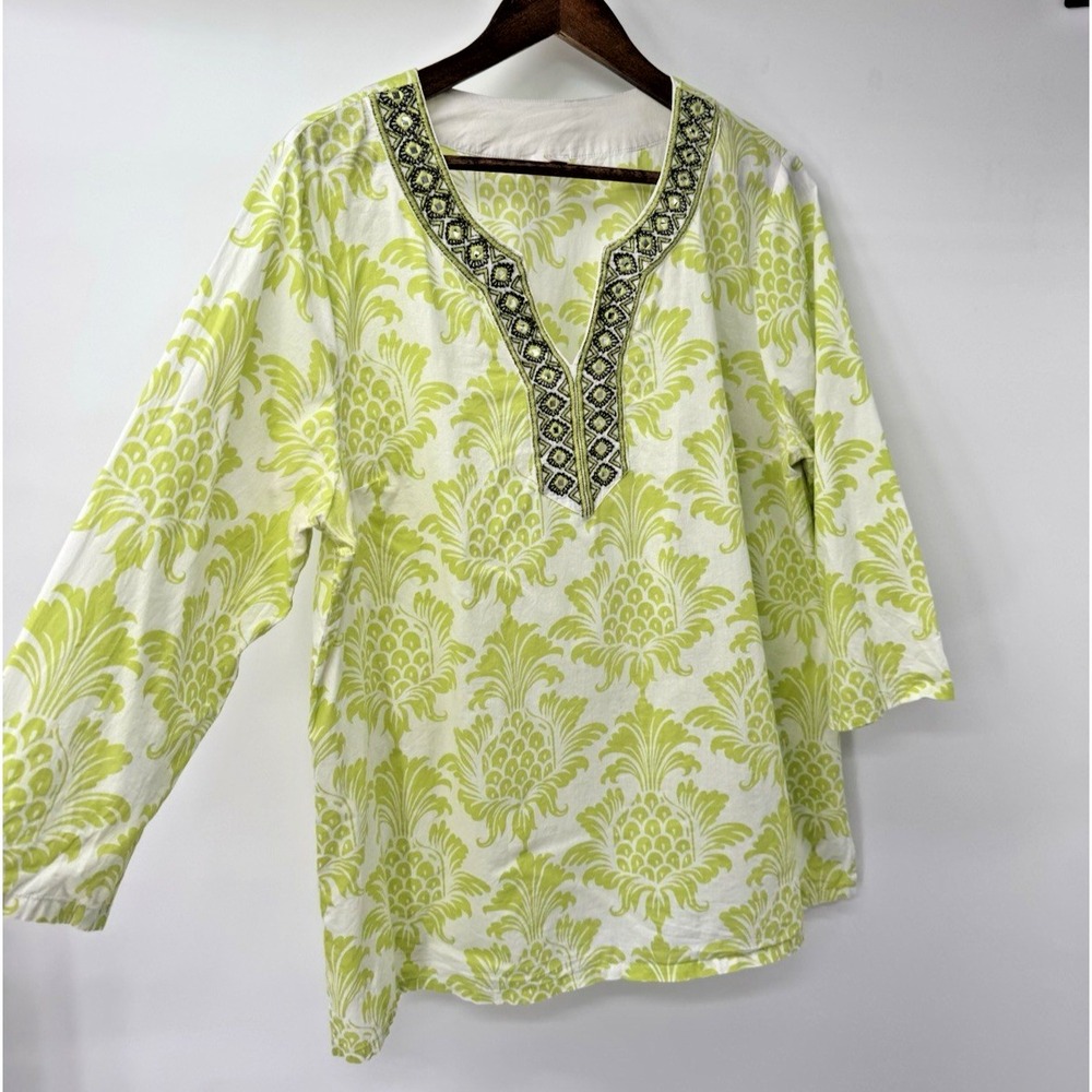 Light Green Tunic Long Sleeve 100% Cotton tropical beachy resort vacation xl